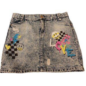 Girls Blue Jean Shorts Skirt - Smiley Face & Love Design, Size 14/16